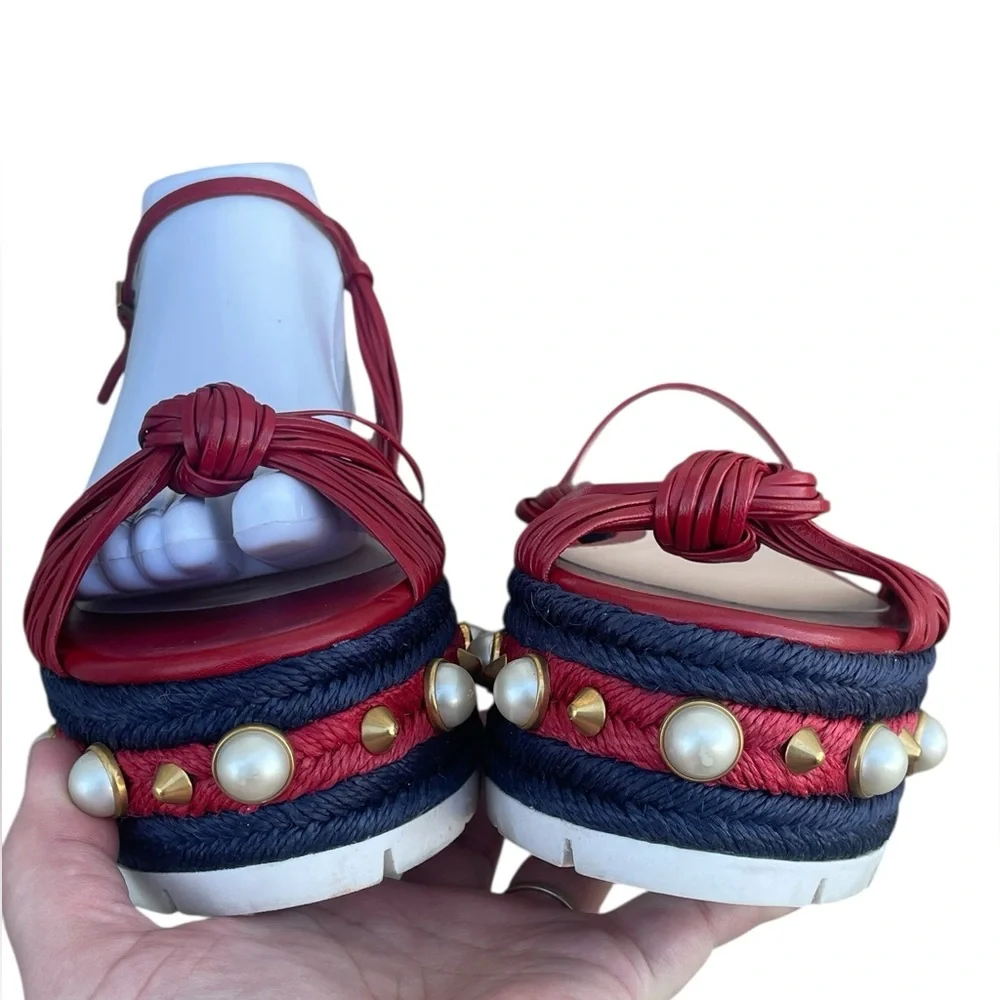 Gucci Red Leather Barbette Knot, Ankle‎ Strap Espadrille Platform Sandals, 41.5